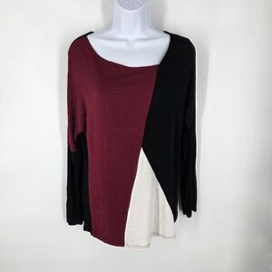 THANTH Women's Small Tunic Top Asymmetrical Colorblock Long Sleeve Burgundy